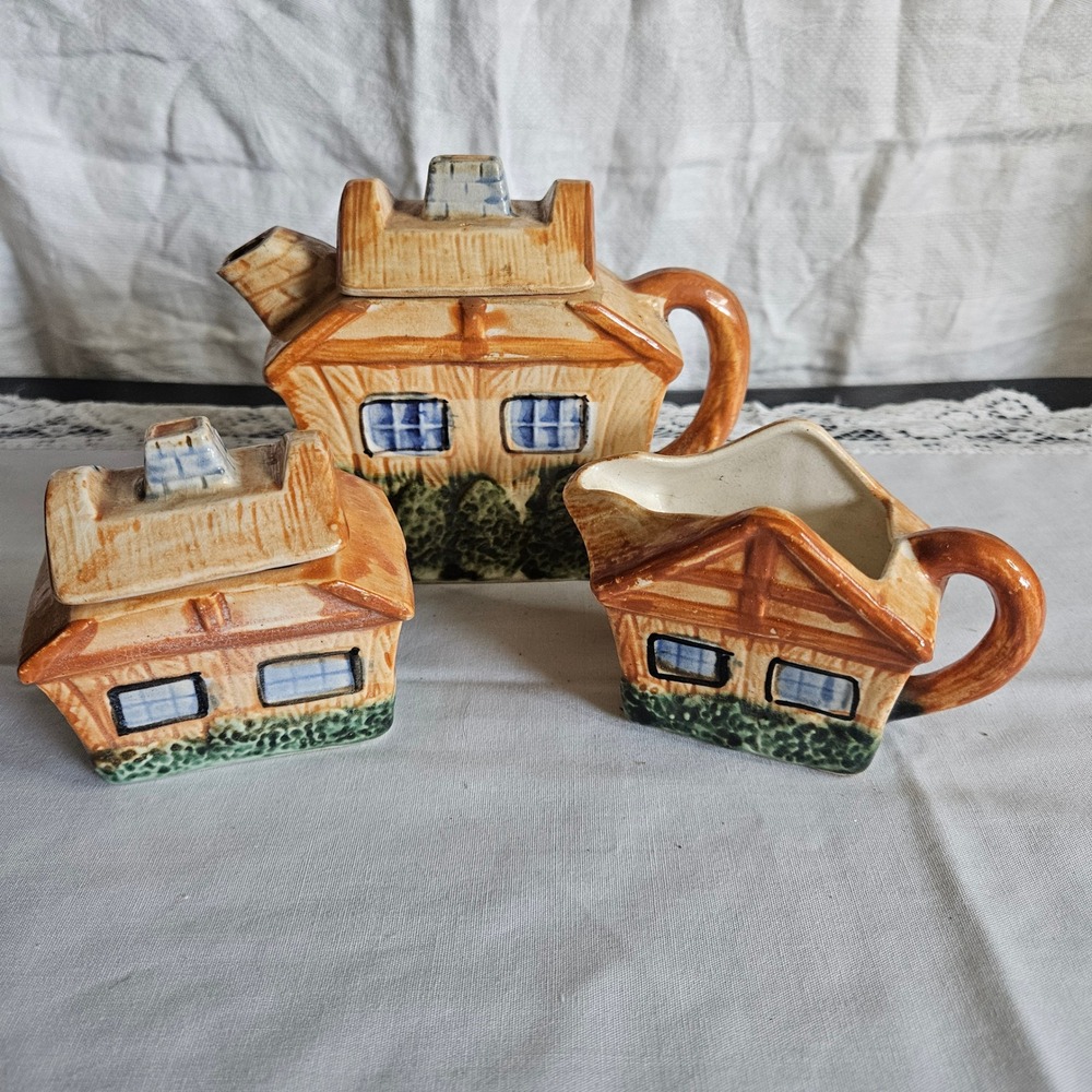 Vintage Wales China Cottage Ware Ceramic Teapot Creamer & Sugar Bowl Japan